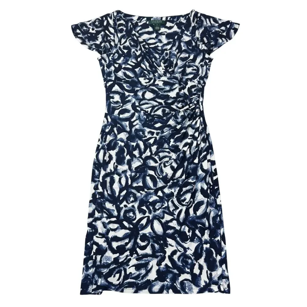 LAUREN Ralph Lauren Printed Ruched Sheath Dress Size 4 PETITE